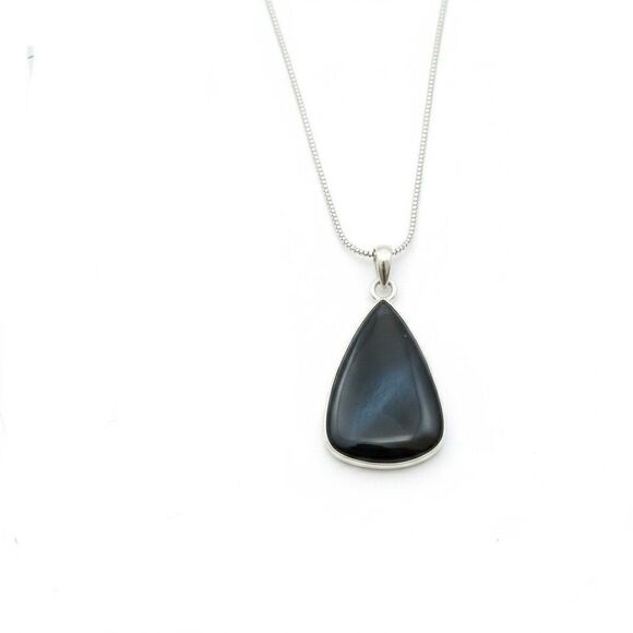 RARE Black Cat's Eye Pendant NecklaceSterling Silver Teardrop Cabochon Stone